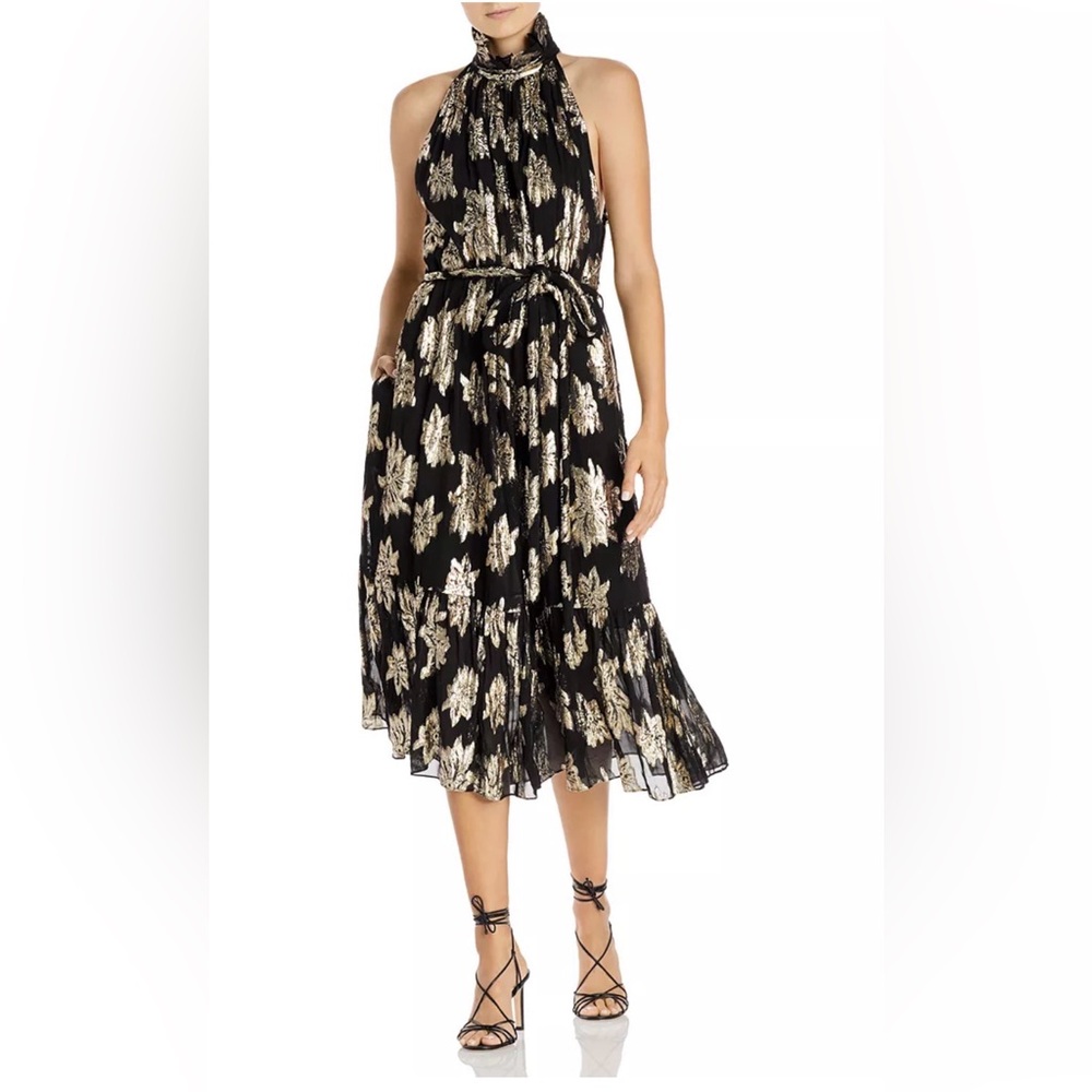 IRO Laza Black Gold Metallic High Neck Sleeveless Midi Dress Size 40 (US 8)